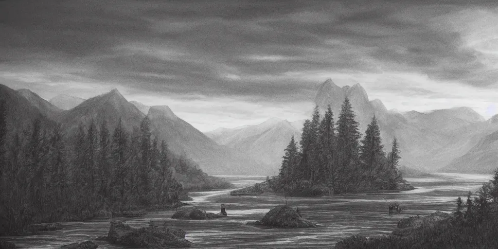 Prompt: A majestic landscape featuring a river, mountains and a forest. There is a group of armed soldiers smoking cigarettes and staring at the sunset. Cinematic, very beautiful, pencil drawing