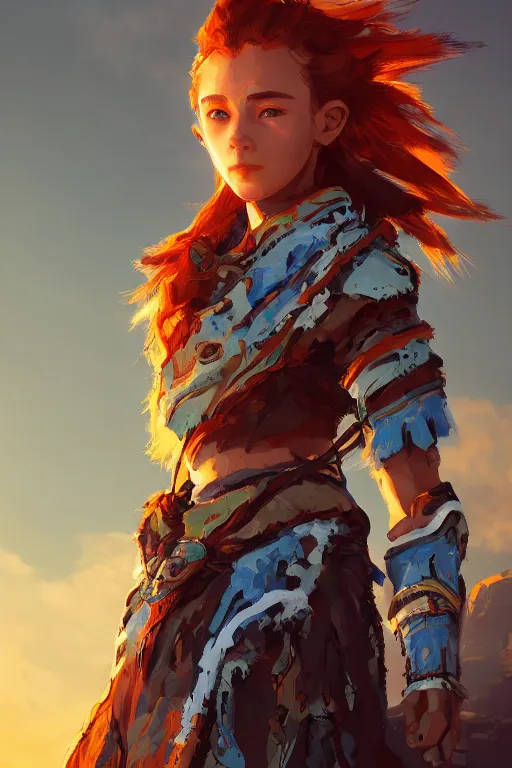 Image similar to combination suit armor aloy horizon forbidden west horizon zero dawn radiating a glowing aura global illumination ray tracing hdr fanart arstation by ian pesty and alena aenami artworks in 4 k tribal robot ninja mask helmet backpack