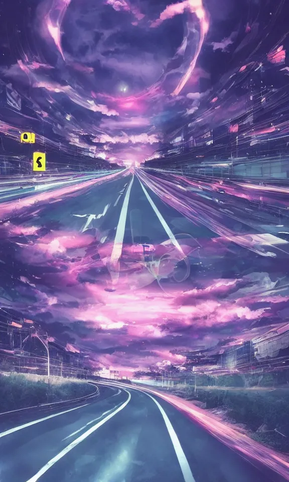 Image similar to scary highway at night, anime style