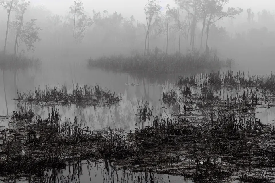 Image similar to A swamp with many natural stone spikes rising from the water. A concrete and steel structure is impaled by taller spikes in the distance shrouded by fog