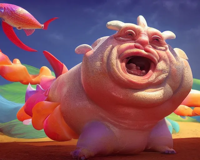 Image similar to of a very beautiful scene. ambient occlusion render. a sweet fat old woman is dancing with a huge colorful fish. hyper realistic. 4 k. wide angle. wild happiness. symmetrical face, red mouth, blue eyes. deep focus, lovely scene. ambient occlusion render. concept art. unreal engine.