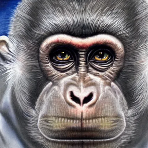 Image similar to a hyper realistic and highly detailed painting of a cybernetic monkey