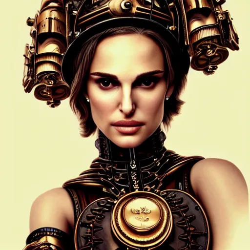 Prompt: beautiful Natalie Portman, perfect face and body, in detailed steampunk dress, smooth, sharp focus, illustration, realistic, cinematic, artstation, gold, ornate, award winning, original modern artwork, set on H. R. Giger aesthetic, rgb ethereal lighting,8k