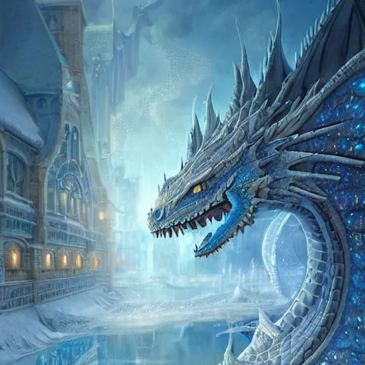 Image similar to Beautiful scaly blue dragon in a snowy city made of ice, tundra, reflections, sparkle, full of details, matte painting, a fantasy digital painting, artstation, concept art, sharp focus, illustration, art by greg rutkowski, alphonse mucha, anne stokes