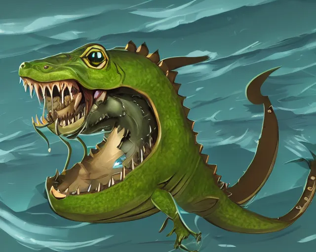 Image similar to sea of thieves animal concept art for a pale yellow - ish green alligator with snarling teeth, cgsociety, trending on artstation, rare ltd,