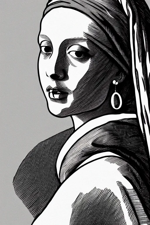 Image similar to beautiful portrait of a woman, negative no not the girl with a pearl earring, highly detailed ink illustration, b & w clean shaped illustration by kim jung gi, ric estrada, ron english and eiichiro oda