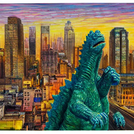 Image similar to Hyperrealistic intensely colored studio Photograph portrait of a Godzilla terrorizing Omaha skyline long exposure, award-winning nature expressionistic impasto oil painting by Fabian Marcaccio and Jean Dubuffet and Audubon vivid colors hyperrealism 8k