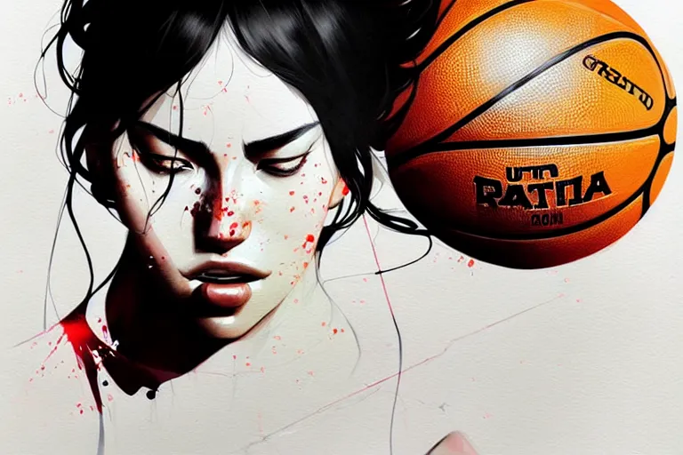 Image similar to a ultradetailed beautiful panting of a woman dribbling a basketball, by conrad roset, greg rutkowski and makoto shinkai, trending on artstation