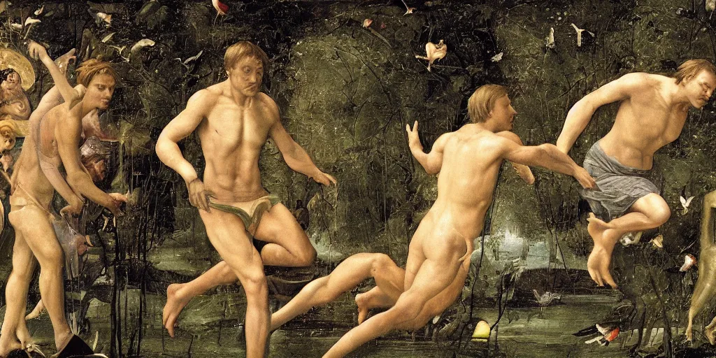 Image similar to leonardo di caprio being cut in half, in the style of bosch's garden of earthly delights