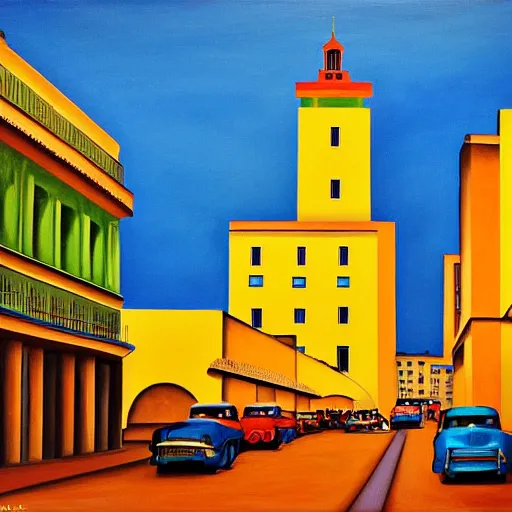 Image similar to constructivism painting of streets of Havana, Cuba, beautiful, diverse, golden hour