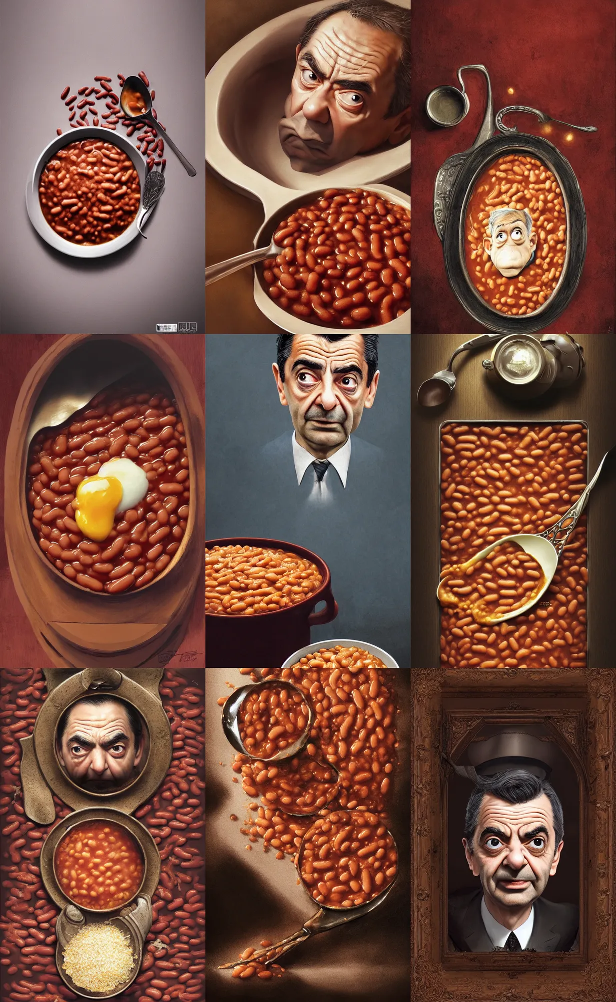 Prompt: baked beans at frame border, creative!!! composition for a book cover!!!, absurdly beautiful, ultrafine hyperrealistic detailed mr. bean face by wlop and artgerm and greg rutkowski, intricate linework, sharp focus, smooth, octopath traveler, final fantasy, unreal engine, dramatic lighting, ethereal, 8 k