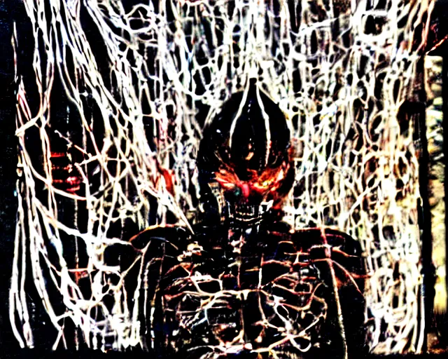 Image similar to el diablo satanas [covered in wires] emerges from a cybercore portal in my disgusting room in the basement, 16 mm