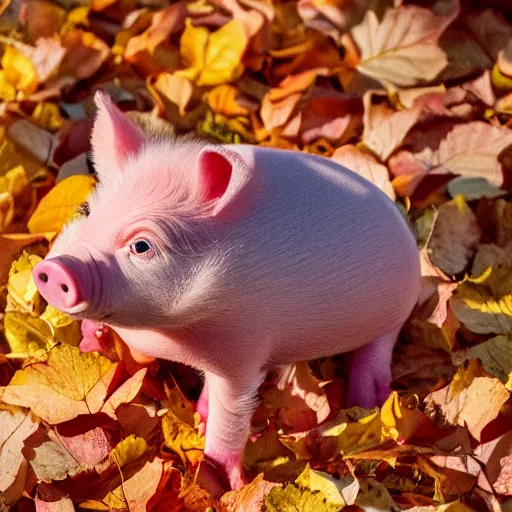 Prompt: cute pink piglet in a pile of autumn leaves, pixar style