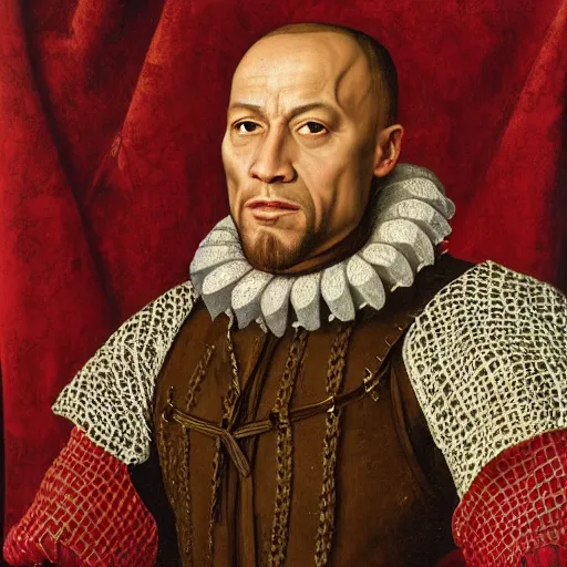 Image similar to a highly detailed portrait of dwane the rock johnson, wearing elegant tudor clothes, inside a room with thick red tapestries, oil painting by hans holbein and alessandro allori and richard burbage