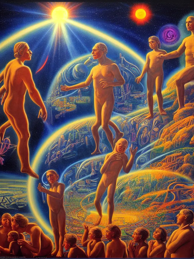 Prompt: a beautiful future for human evolution, spiritual science, divinity, utopian, by david a. hardy, wpa, public works mural, socialist