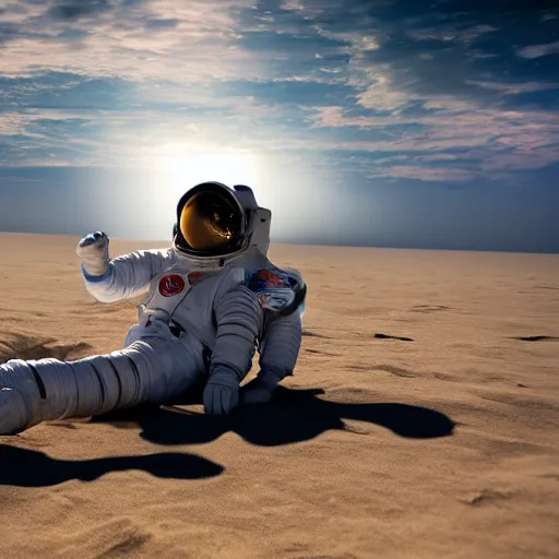 Image similar to an astronaut relaxing on the beach, dramatic lighting, cinematic, extremly high detail, photorealistic, cinematic lighting, nasa footage