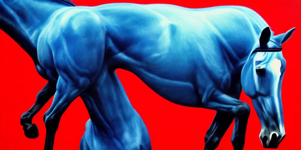 Image similar to blue inside out horses galloping with cowboys riding, too many hands in all directions, too many teeth, too many eyes, in hoc signo vinces, waterfall, in the style of gottfried helnwein, high contrast chiaroscuro, intricate composition, blue light, insanely quality, highly detailed, masterpiece, red light, artstation