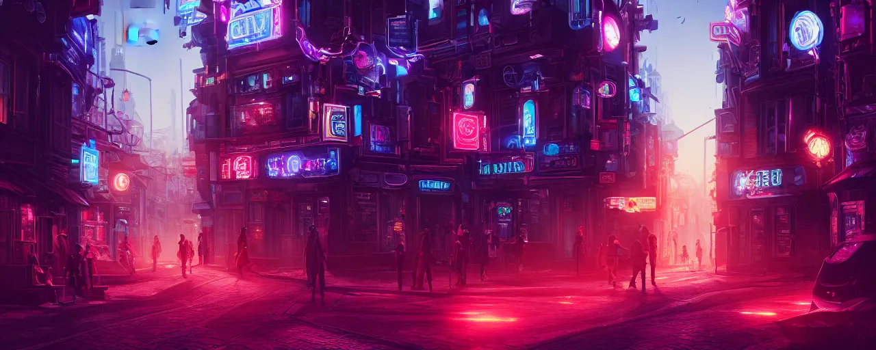 Prompt: an intricate detail of a city street in the metaverse with people with vr headsets, highly detailed, cinematic lighting, volumetric lighting, neon color palette, Artstation, concept art, hyper realistic, cgsociety