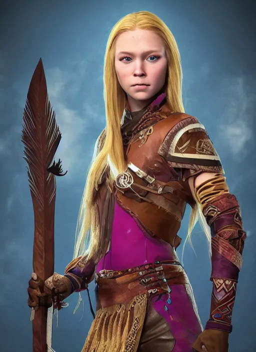 Image similar to An epic fantasy comic book style portrait painting of a young girl with long blonde hair and blue eyes. Wearing brown and magenta leather tribal combat clothes. She is holding hunting bow. Unreal 5, DAZ, hyperrealistic, octane render, cosplay, RPG portrait, dynamic lighting