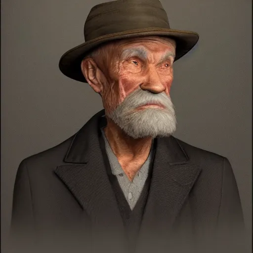 Prompt: realistic renderings of very old man portrait with a hat, astonishing scenes