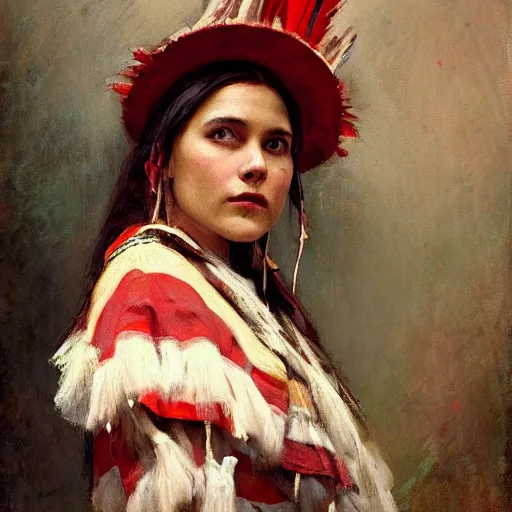 Prompt: Solomon Joseph Solomon and Richard Schmid and Jeremy Lipking victorian genre painting portrait painting of a happy young beautiful woman traditional american indian actress model old west character in fantasy costume, red background