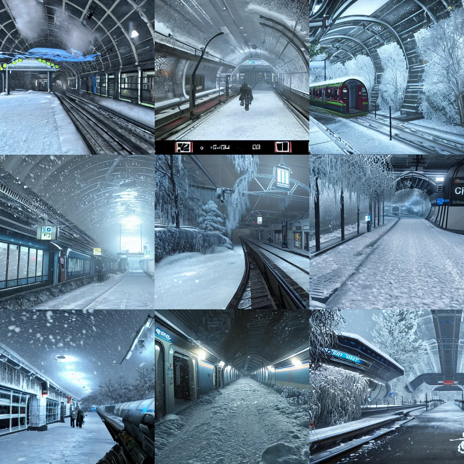 Prompt: london underground tube station covered in ice and snow, screenshot from the game'crysis'