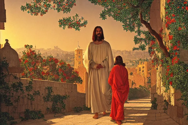 Prompt: painting of jesus christ walking through jerusalem, beautiful, sunset, romantic, by ludwig deutsch and maxfield parrish, patterned tilework, extremely detailed, cinematic lighting, smooth sharp focus