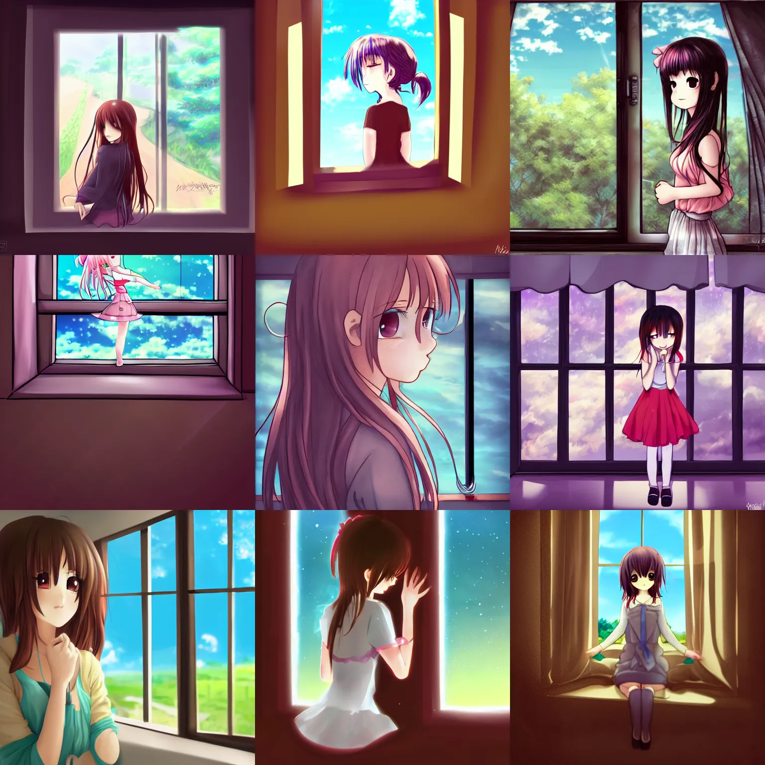 Prompt: cute beautiful anime girl looking out her window wondering dreaming, surrealistic, ( ( deviantart ) )