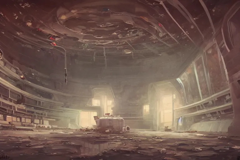 Image similar to A beautiful painting of inside in abandoned rusty space station from kindzadza, Trending on artstation.