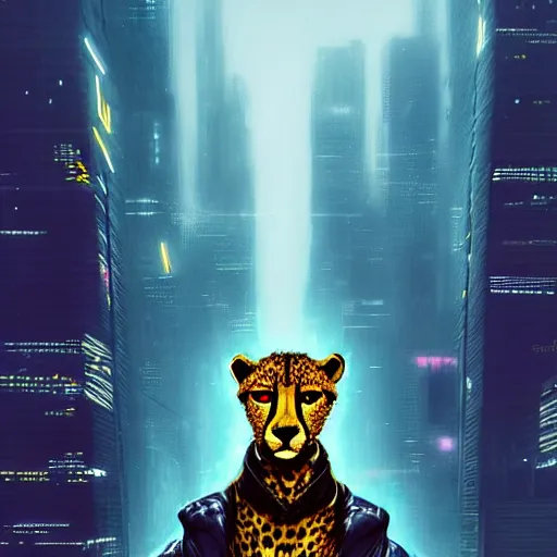 Image similar to a beautiful commission portrait of a male anthro cheetah wearing a neon jacket,futuristic,detailed face,mohawk,cyberpunk city,deviantart,artstation,art by greg rutkowski,ross tran,professional lighting,neon city,night,raytracing,highly realistic,4k,dramatic,hyperrealism