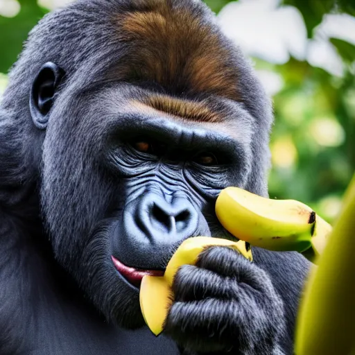 Image similar to big gorilla with human face maneating eating bananas in the hood, 8k resolution, full HD, cinematic lighting, award winning, anatomically correct