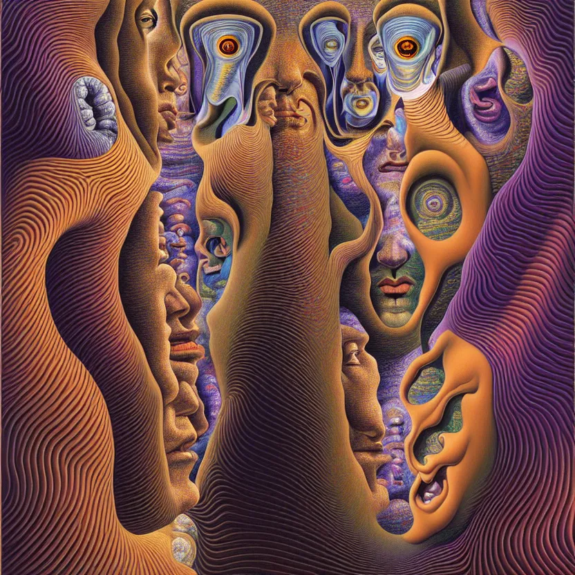 Prompt: infinite fractals of consciousness forming a human face, recursion, surreal, by salvador dali and mc escher and alex grey, oil on canvas, hd, dreams, intricate details, warm colors