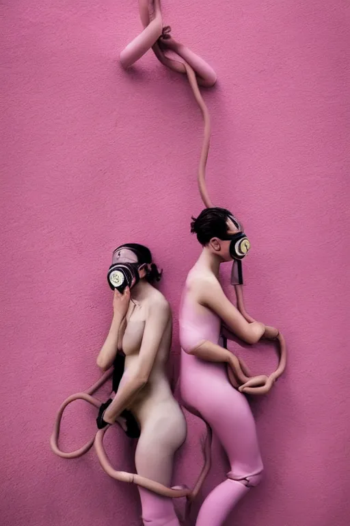 Image similar to a surreal portrait of intertwined and contorted figures wearing gas mask next to a pink wall in the style of brooke didonato, editorial fashion photography from vogue magazine, full shot, nikon d 8 1 0, ƒ / 2. 5, focal length : 8 5. 0 mm, exposure time : 1 / 8 0 0, iso : 2 0 0