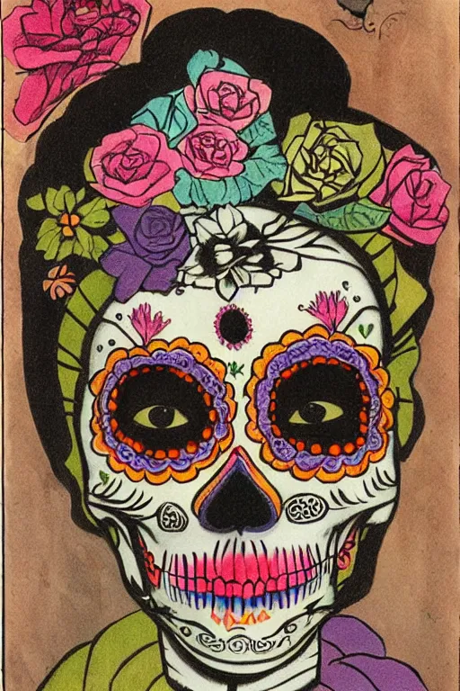 Prompt: Illustration of a sugar skull day of the dead girl, art by marcel duchamp