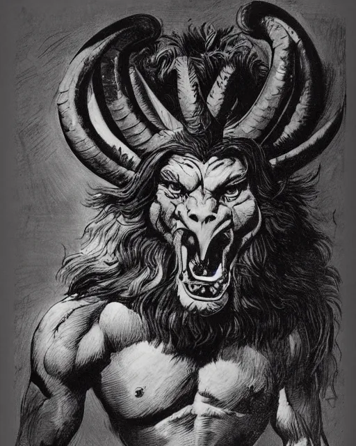 Image similar to a creature with the body and eyes of a man, with the beak of an eagle, the mane of a lion, and the horns of an ox. drawn by frank frazetta