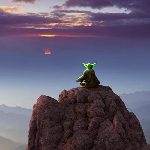 Image similar to yoda meditating on top of a mountain at sunrise, movie still, 4k