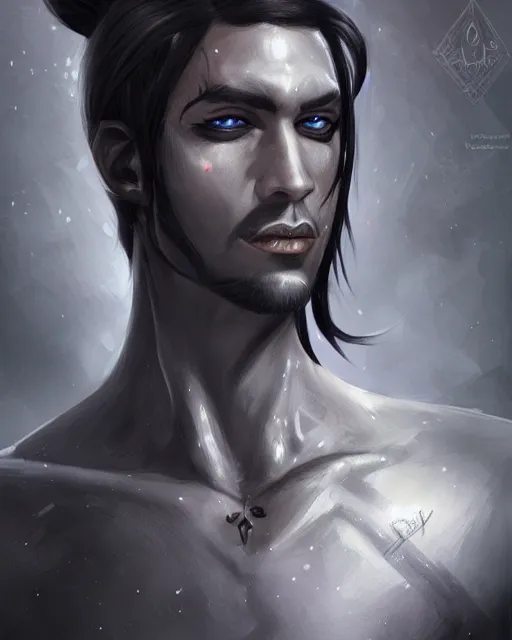 Prompt: portrait of a feminine male dark elf, dark ebony obsidian skin, white tatoo, long hair, fantasy, elegant, intricate, highly detailed, digital painting, artstation, concept art, sharp focus, illustration