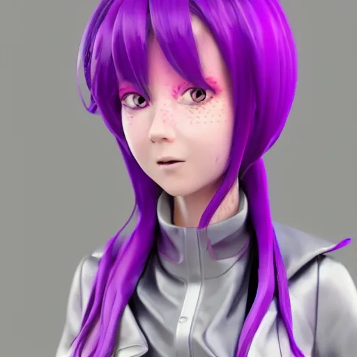 Image similar to portrait of a anime girl with purple jacket design by antonio mello, character modeling, toy design, substance 3 d painter, blender, mental ray, zbrush, soft vinyl, bio luminescent, maximalist sculpted design portrait, studio photo, 7 0 mm lens, trending in artstation