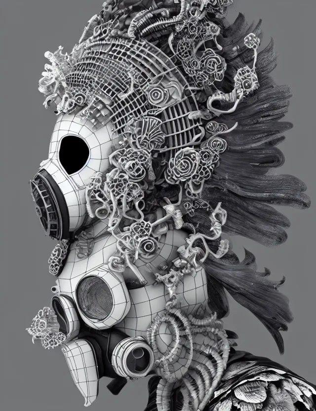 Image similar to 3 d goddess close - up profile punk portrait with vintage gas mask ram skull. beautiful intricately detailed japanese crow kitsune mask and clasical japanese kimono. betta fish, jellyfish phoenix, bio luminescent, plasma, ice, water, wind, creature, artwork by tooth wu and wlop and beeple and greg rutkowski