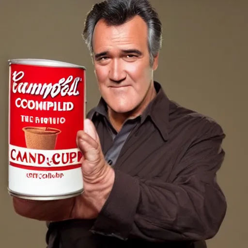 Image similar to Bruce Campbell holding can of campbell soup to the camera, 4k,