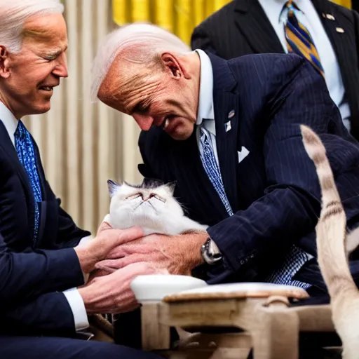 Prompt: grumpy cat being petted by joe biden