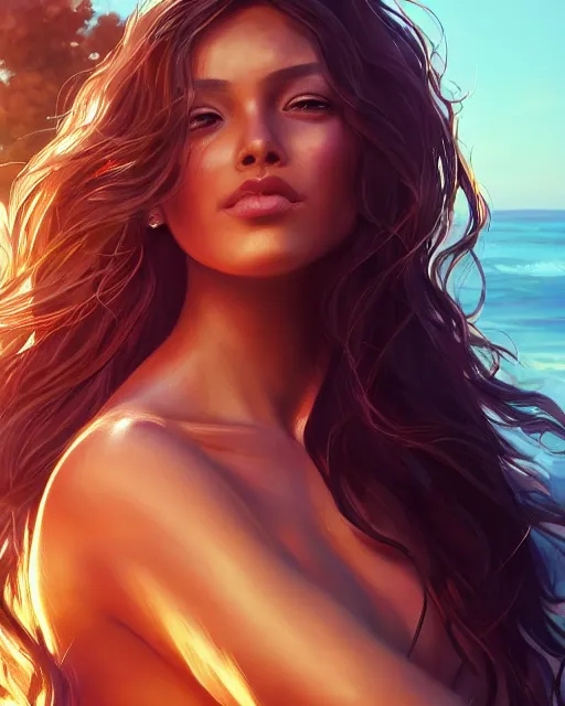 Image similar to summer vibes, beautiful sun tanned woman portrait, flowy hair, sun, summer, cinematic lighting, highly detailed, digital painting, trending on artstation, pixiv, concept art, sharp focus, illustration, art by ross tran and wlop