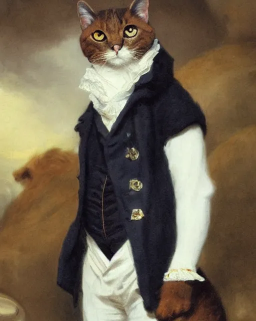 Image similar to cute brown cat with serious expression wearing regency era menswear in navy and white, thomas lawrence, greg rutkowski