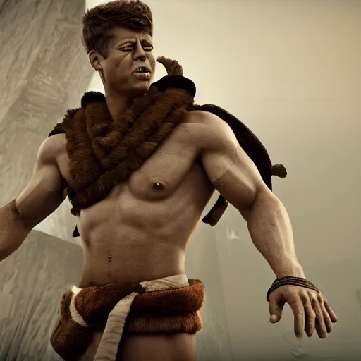 Prompt: john f kennedy as an amazon warrior, muscles, muscles, 4 k, octane render, volumetric lighting, unreal engine, raytacing