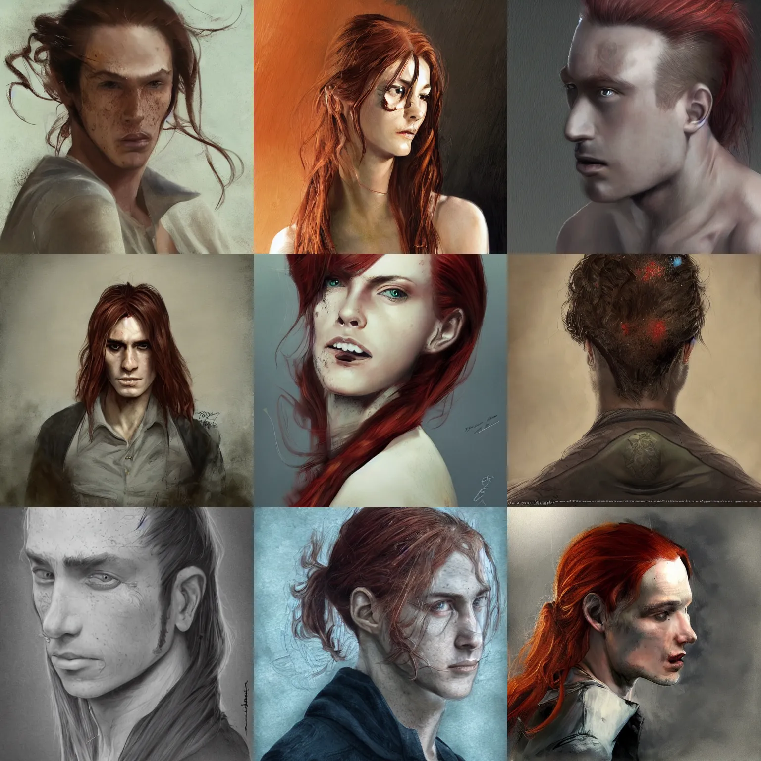 Prompt: portrait of a thin young man with long red hair in a ponytail, a lot of freckles on his face, intricate, elegant, highly detailed, digital painting, artstation, concept art, sharp focus, illustration, art by aleksi briclot, rutkowski