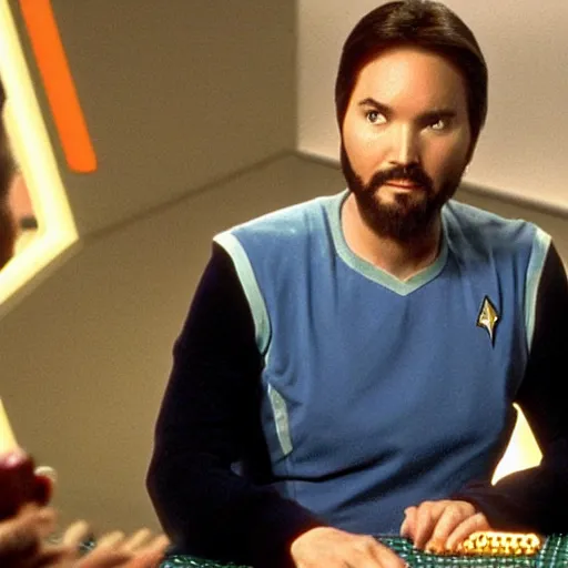 Image similar to Wesley Crusher (played by Wil Wheaton) from the USS Enterprise playing 3d chess with a vulcan, wearing slim clothes, handsome face,film still, grain, star trek series, TNG