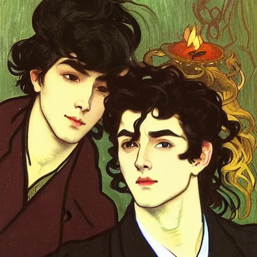 Image similar to painting of young cute handsome beautiful dark medium wavy hair man in his 2 0 s named shadow taehyung and cute handsome beautiful min - jun together at the halloween! party, bubbling cauldron!, candles!, smoke, autumn! colors, elegant, wearing suits!, clothes!, delicate facial features, art by alphonse mucha, vincent van gogh, egon schiele