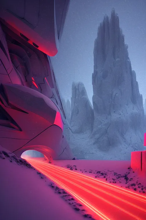 Image similar to futuristic atmosphere in the snowy mountains dolomites 3 d concept art, cinematic lighting, red neon laser, rule of thirds, depth of field, intricate details, building by zaha hadid, stormy snowing weather, emissary space by arthur haas and bruce pennington and john schoenherr, cinematic matte painting, dark moody colors, trending on artstation, featured on behance