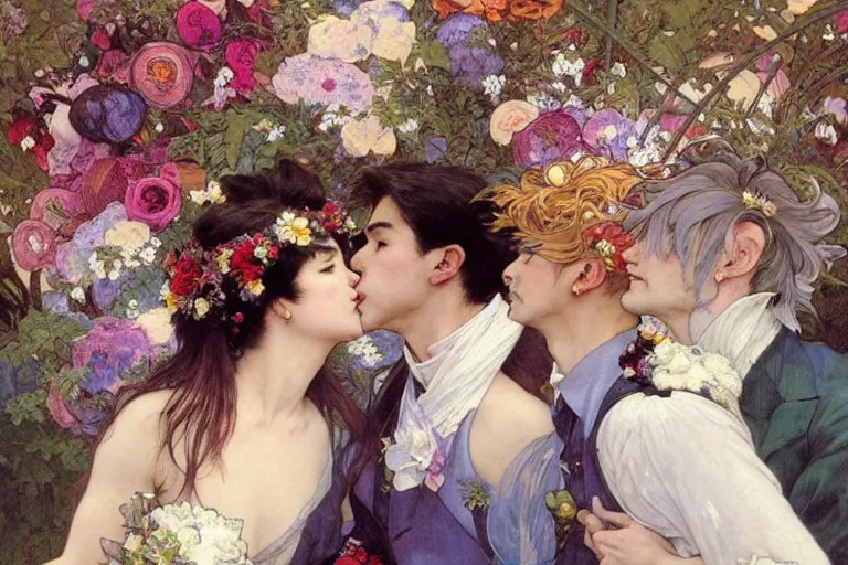 Image similar to the groom kisses the bride at a wedding full of flowers, bright and happy, dreamlike art, highly detail, 4 k realistic, wedding photoy krenz cushart. artem demura. alphonse mucha. yoji shinkawa artgerm. jon lothian. danilo torres. adi meyers. thomas reimann. gaston bussiere.