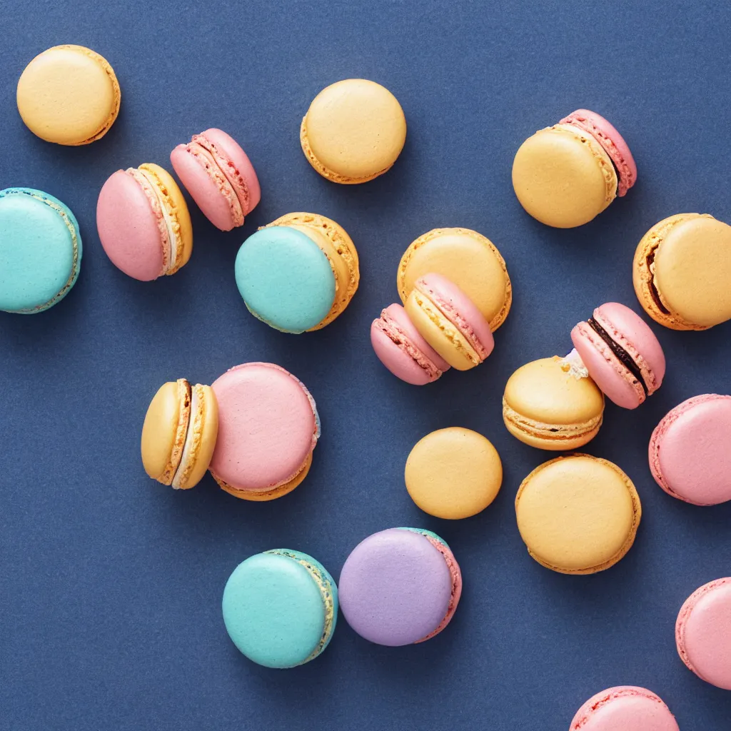 Image similar to top-down view of macarons on top of a blue surface, 8k, high detail, photorealistic, proper shading
